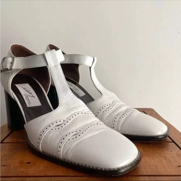 Vintage White Italian Leather T-strap Stacked Buckle Chunky Heel Shoes 36 - Picture 4 of 11